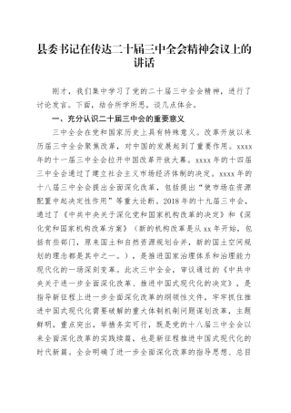 县委书记在传达二十届三中全会精神会议上的讲话
