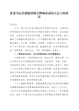 县委书记在创建省级文明城市动员大会上的讲话
