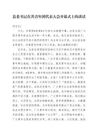 县委书记在共青年团代表大会开幕式上的讲话