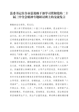 县委书记在全市县处级干部学习贯彻党的二十届三中全会精神专题研讨班上的交流发言