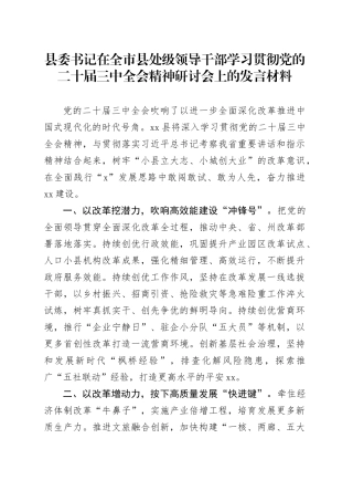 县委书记在全市县处级领导干部学习贯彻党的二十届三中全会精神研讨会上的发言材料心得体会20241106
