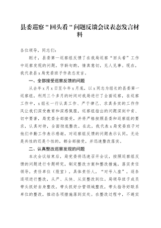 县委巡察＂回头看＂问题反馈会议表态发言材料