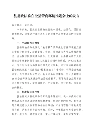 县委政法委在全县营商环境推进会上的发言