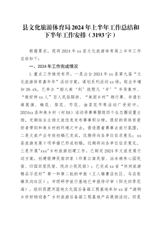 县文化旅游体育局2024年上半年工作总结和下半年工作安排（3193字）