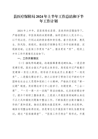 县医疗保障局2024年上半年工作总结和下半年工作计划