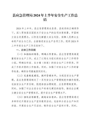 县应急管理局2024年上半年安全生产工作总结