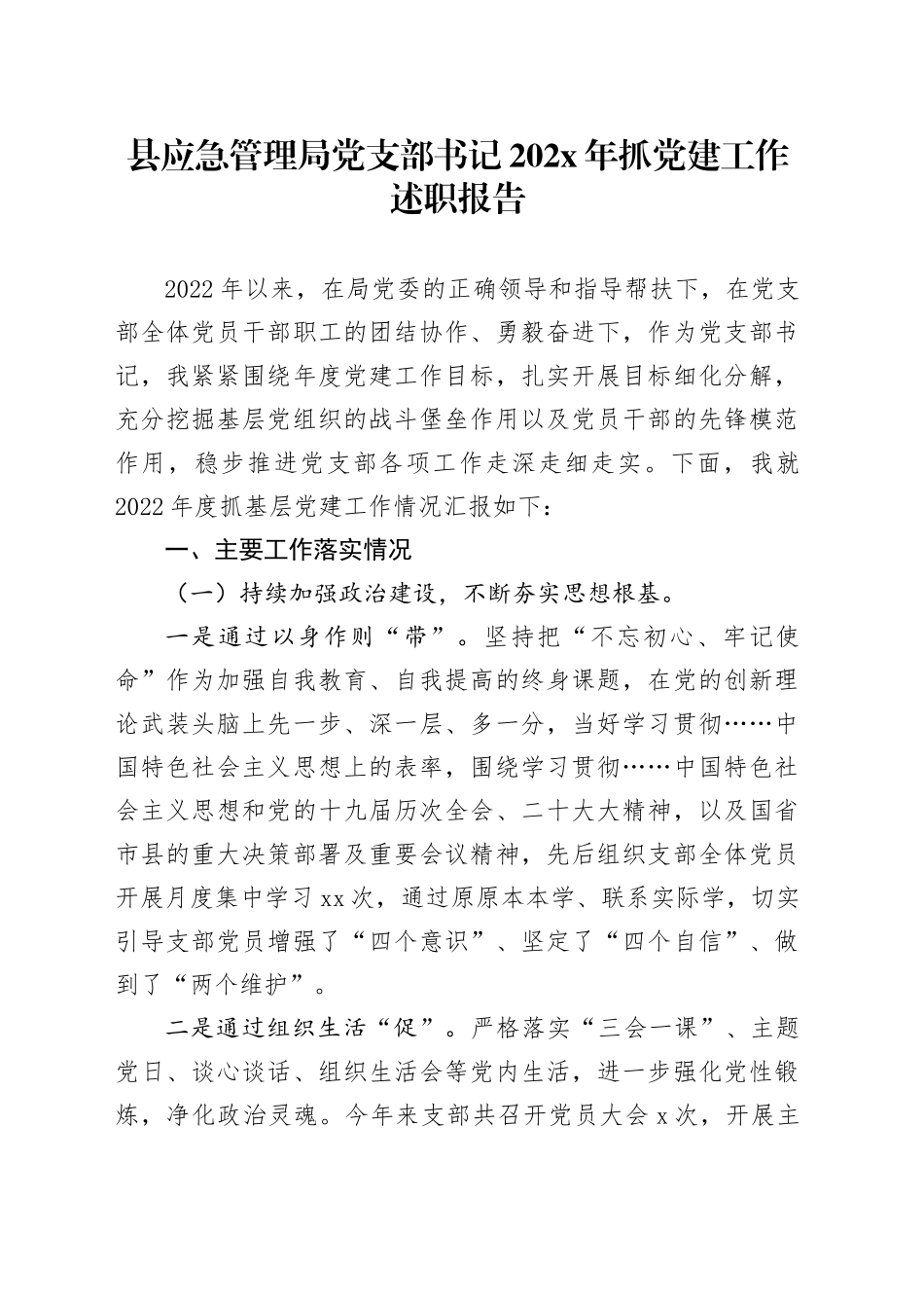 县应急管理局党支部书记202X年抓党建工作述职报告_第1页