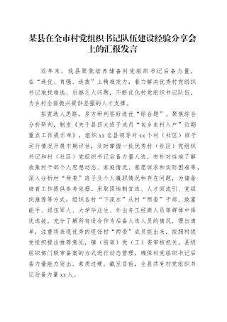 县在全市村党组织书记队伍建设经验分享会上的汇报发言