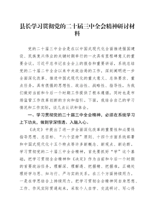 县长学习贯彻党的二十届三中全会精神研讨材料