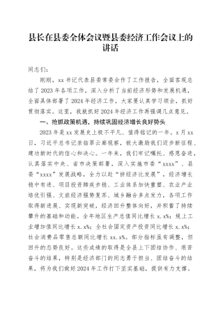 县长在2024年县委全体会议暨县委经济工作会议上的讲话