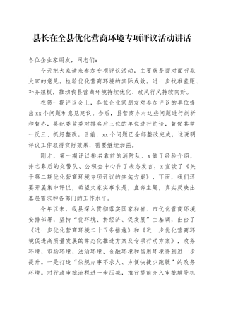 县长在全县优化营商环境专项评议活动讲话
