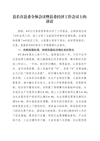 县长在县委全体会议暨县委经济工作会议上的讲话