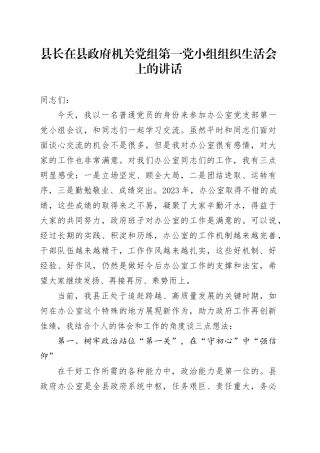 县长在县政府机关党小组组织生活会上的讲话