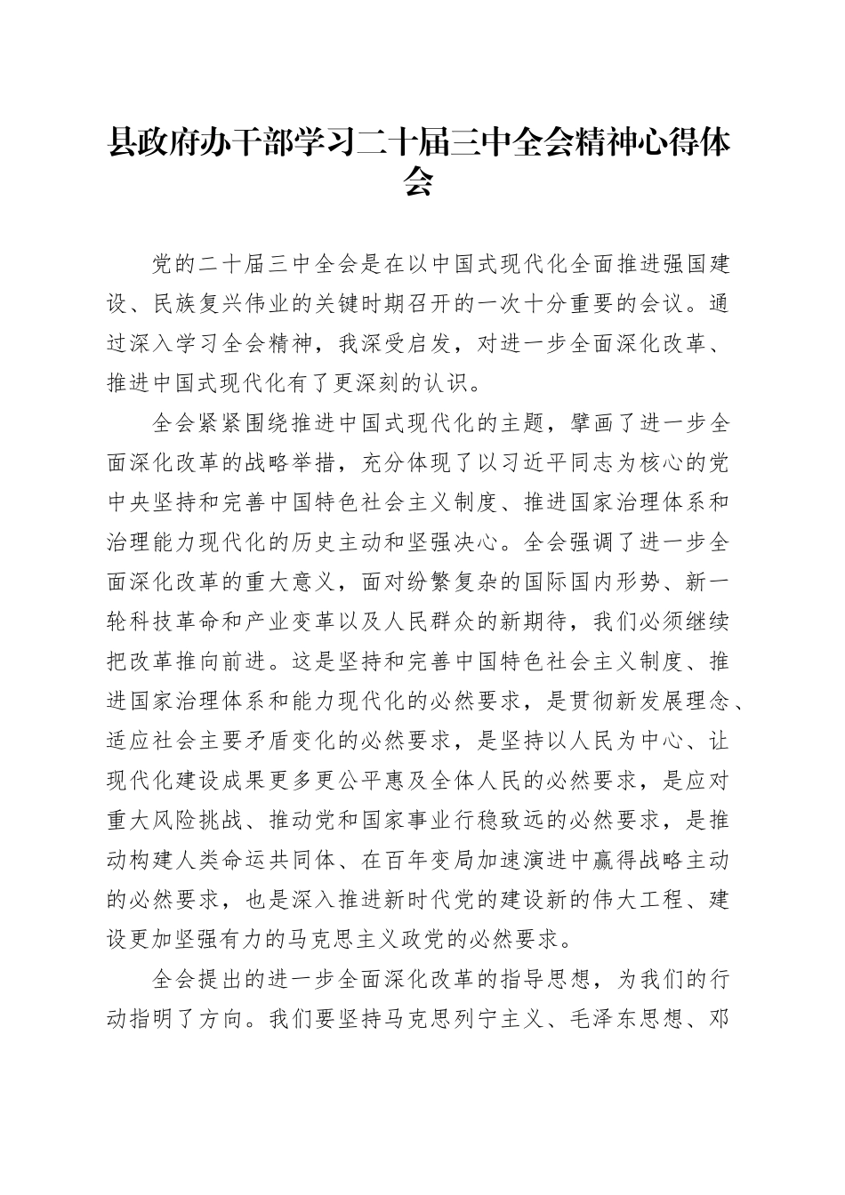 县政府办干部学习二十届三中全会精神心得体会_第1页
