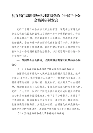 县直部门副职领导学习贯彻党的二十届三中全会精神研讨发言