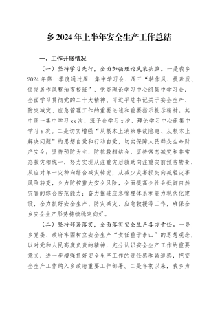 乡2024年上半年安全生产工作总结