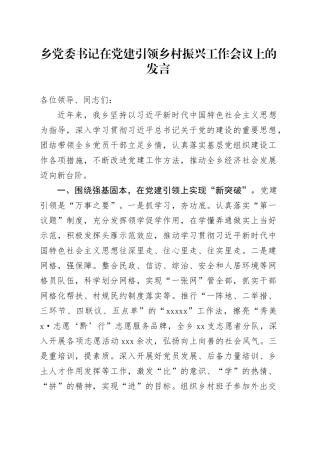 乡党委书记在党建引领乡村振兴工作会议上的发言