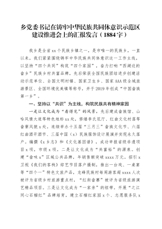 乡党委书记在铸牢中华民族共同体意识示范区建设推进会上的汇报发言（1884字）