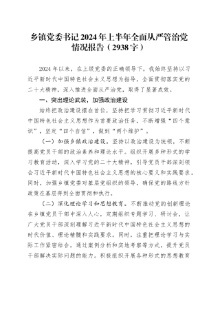 乡镇街道党委书记2024年上半年全面从严管治党情况报告（2938字）