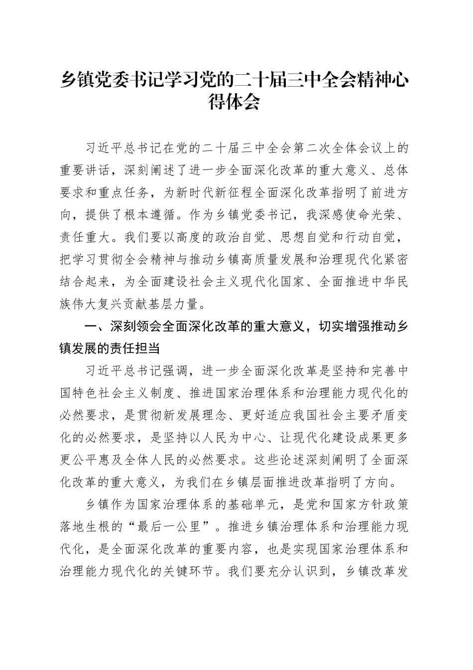 乡镇街道党委书记学习党的二十届三中全会精神心得体会20241009_第1页