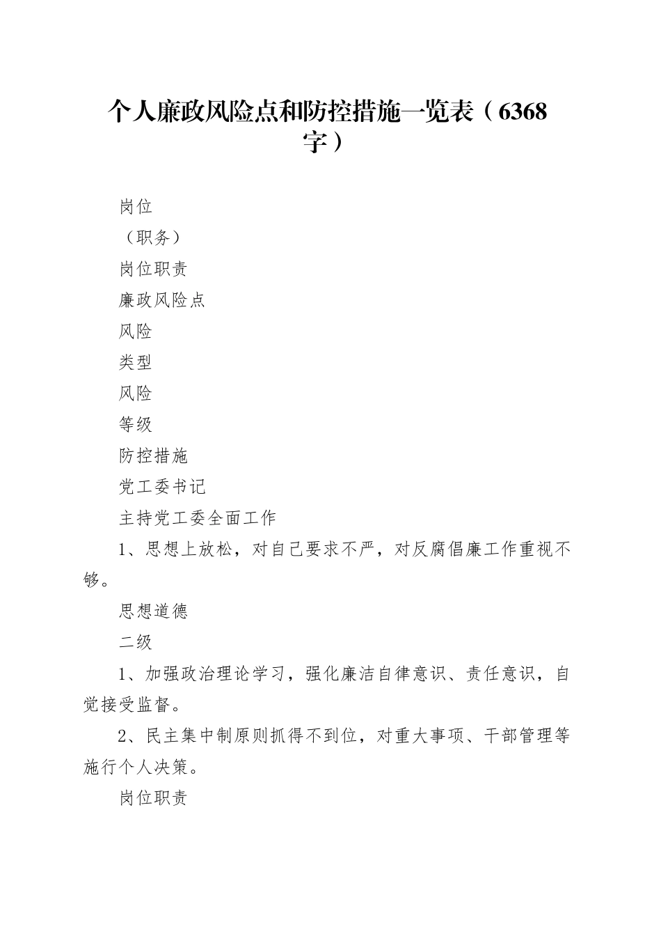 乡镇街道个人廉政风险点和防控措施一览表（6368字）_第1页