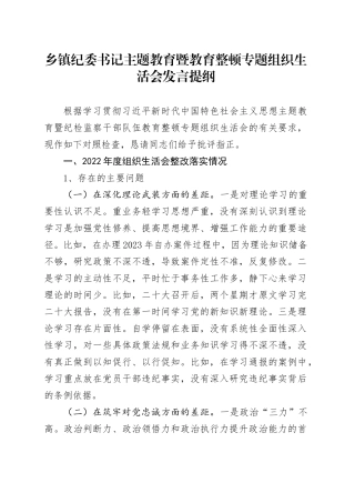 乡镇街道纪委书记主题教育暨教育整顿专题组织生活会发言提纲