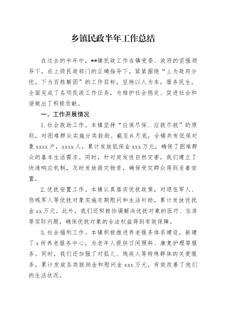 乡镇街道民政半年工作总结