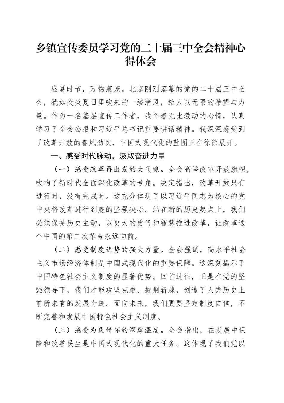 乡镇街道宣传委员学习党的二十届三中全会精神心得体会_第1页