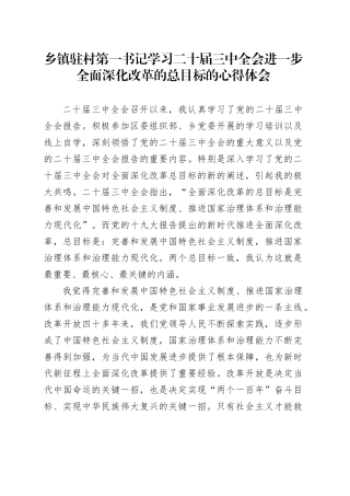 乡镇街道驻村第一书记学习二十届三中全会进一步全面深化改革的总目标的心得体会