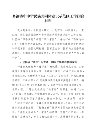 乡镇街道铸牢民族共同体意识示范区工作经验材料总结汇报报告20241009