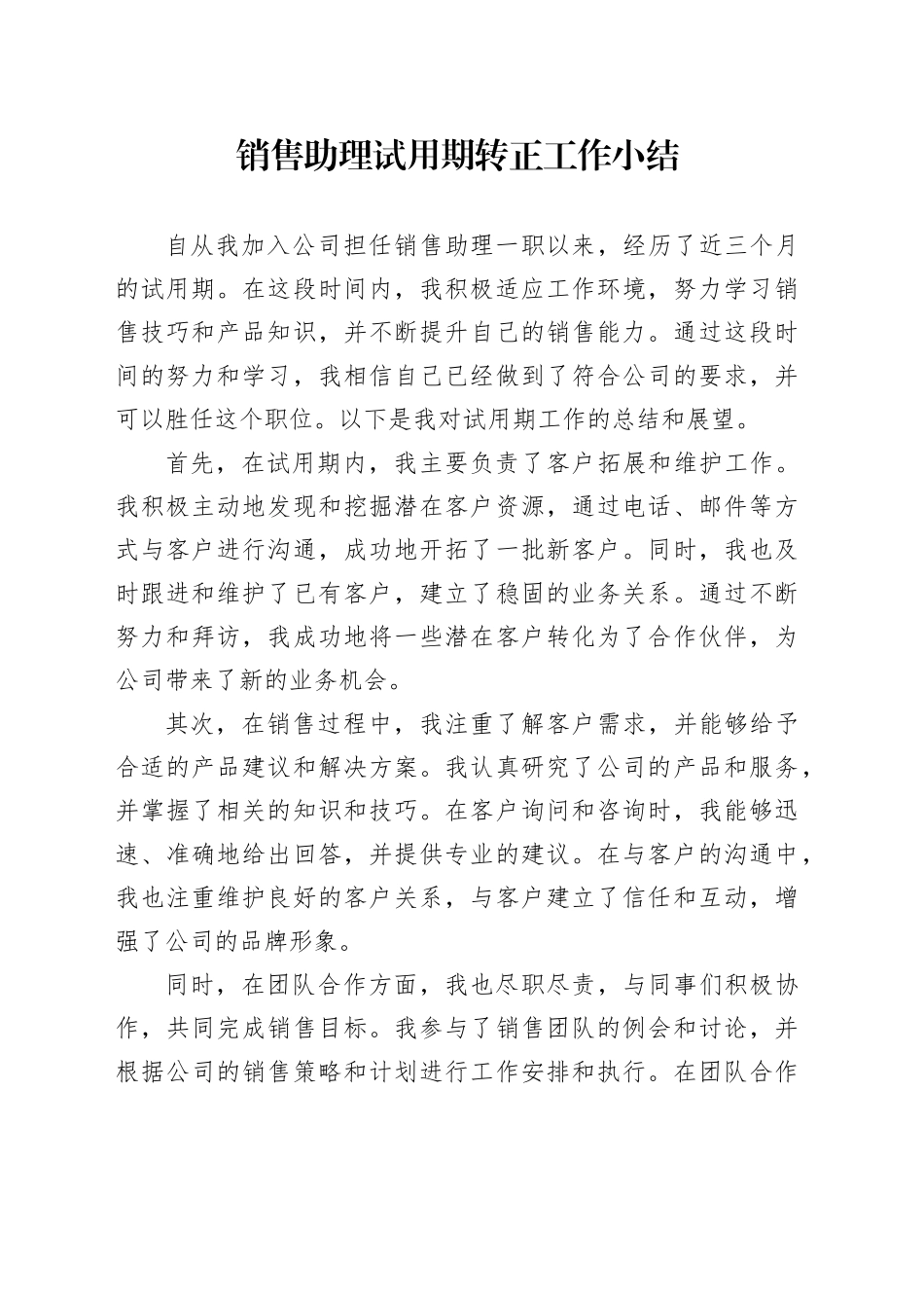 销售助理试用期转正工作小结_第1页