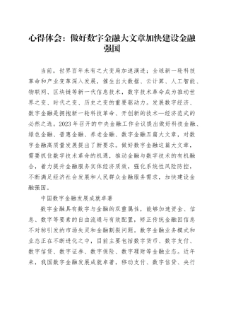 心得体会：做好数字金融大文章加快建设金融强国