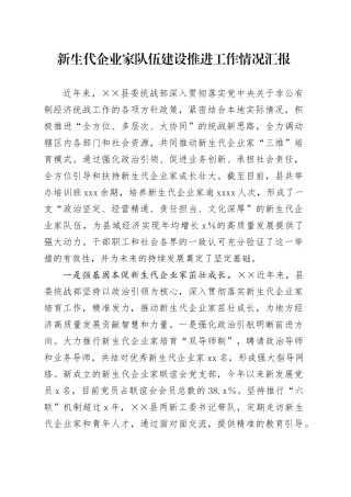 新生代企业家队伍建设推进工作情况汇报