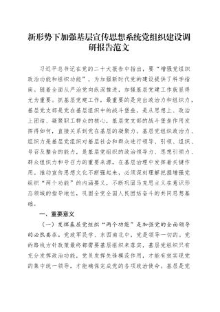 新形势下加强基层宣传思想系统党组织建设调研报告20240410