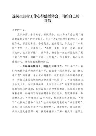 选调生驻村工作心得感悟体会：写给自己的一封信（心得体会）
