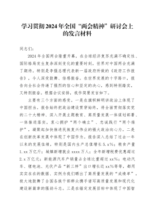 学习贯彻2024年全国“两会精神”研讨会上的发言材料
