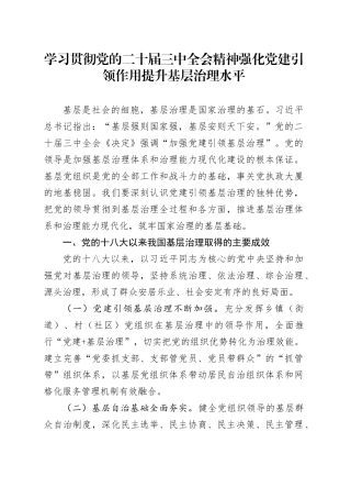 学习贯彻党的二十届三中全会精神 强化党建引领作用 提升基层治理水平
