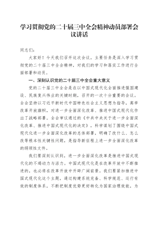 学习贯彻党的二十届三中全会精神动员部署会议讲话20240731