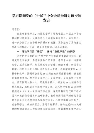 学习贯彻党的二十届三中全会精神研讨班交流发言 （4）