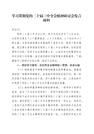 学习贯彻党的二十届三中全会精神研讨会发言材料