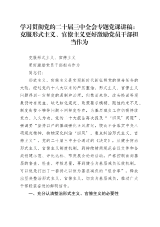 学习贯彻党的二十届三中全会专题党课：克服形式主义、官僚主义  更好激励党员干部担当作为