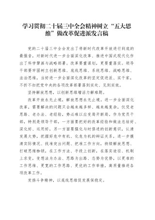 学习贯彻二十届三中全会精神树立“五大思维”做改革促进派发言稿