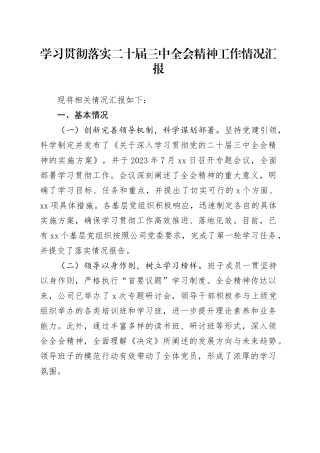 学习贯彻落实二十届三中全会精神工作情况汇报（3）