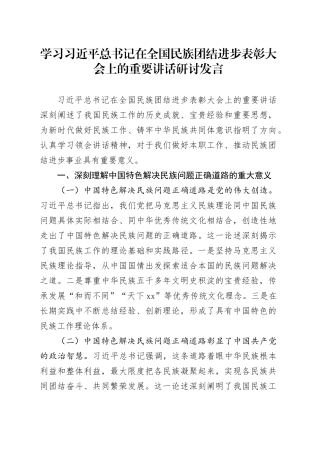 学习习近平总书记在全国民族团结进步表彰大会上的重要讲话研讨发言