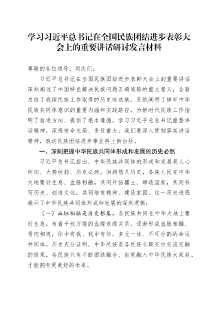学习习近平总书记在全国民族团结进步表彰大会上的重要讲话研讨发言材料