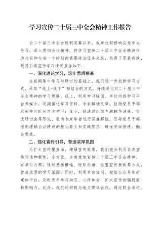 学习宣传二十届三中全会精神工作报告总结汇报20240826
