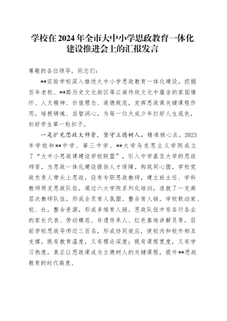 学校在2024年全市大中小学思政教育一体化建设推进会上的汇报发言