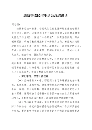 巡察整改民主生活会总结讲话20241016