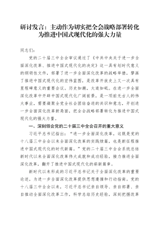 研讨发言：主动作为 切实把全会战略部署转化为推进中国式现代化的强大力量