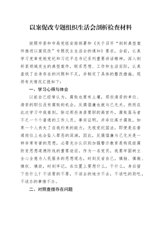 以案促改专题组织生活会剖析检查材料